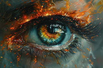 phoenix eye amidst rebirth flames piercing gaze closeup