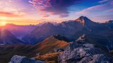 Fototapeta Góry - Twilight hues silhouette rugged peaks against a vivid sky, pure tranquility