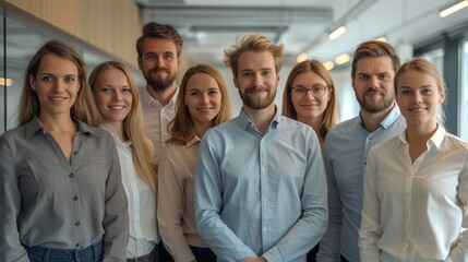 Poster - Group of employees in casual business clothes standing in an office room. Generative AI.
