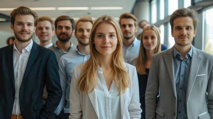 Poster - Group of employees in casual business clothes standing in an office room. Generative AI.