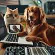 A dog using a laptop to compose music with a cat editing the video on a tablet creating viral content for the animal world