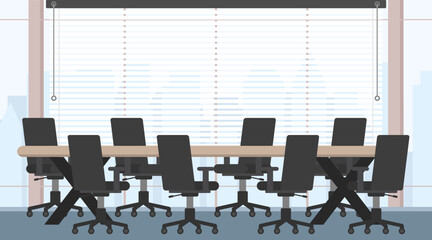 Poster - Office workplace for business conference, Meeting room concept with no people, Modern office interior with long table and city view, Office background illustration.