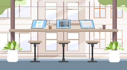 Poster - Coworking space with no people, Working place on coffee shop, Work from anywhere, Open space for coworking business office.