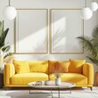 Blank picture frame mockup on white wall. yellow living room design. View of modern Scandinavian style interior with artwork mock up on wall. Home staging and minimalism concep