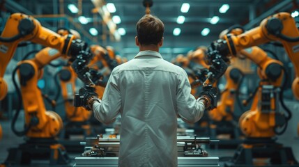 Poster - Engineer overseeing and controlling welding robotics automatic arms machine. the future of industrial automation. Generative AI.