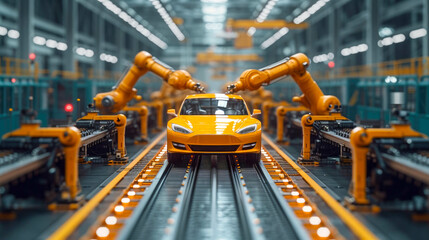 Poster - a yellow car on the conveyor belt in a factory