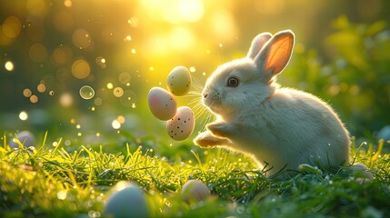 Wall Mural - Cute fluffy Easter white bunny catching heavenly flying colorful Easter eggs in spring grass with dew at sunny holiday morning
