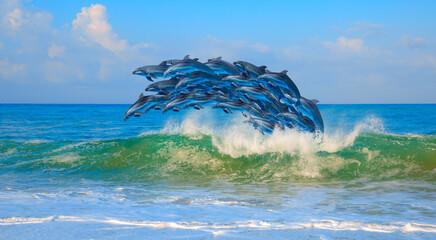 Wall Mural - Group of dolphins jumping on the water - Beautiful seascape and blue sky