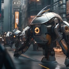 Robotic uprising, Rebellion of sentient machines rising up against their human creators amidst a futuristic cityscape2
