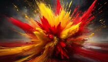 Explosion In The An Explosive Burst Of Vibrant Red And Yellow Powders Captured In Mid-air, Creating An Intense And Dynamic Abstract Composition.