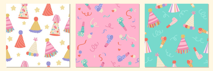 Wall Mural - Set of birthday party hats and celebration seamless pattern