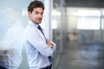 Wall Mural - Businessman, portrait and confident with arms crossed in office for professional career in finance, opportunity and pride. Entrepreneur, face of employee and smile for relax, break or mock up at work