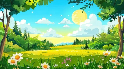 cartoon summer scene with meadow in the forest illustration for children