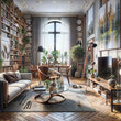 a living room filled with furniture and a painting on the wall, a stock photo, featured on shutterstock, modern european ink painting, stockphoto, stock photo, rendered in unreal engine