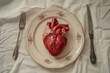 Human heart organ on vintage plate on beige tablecloth. Generative AI