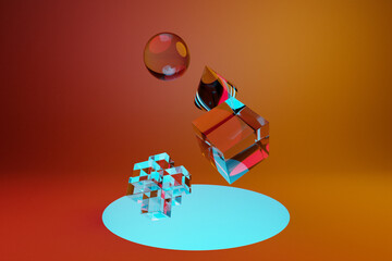 Poster - 3D illustration of a  colorful node on  orange background. Fantastic  shapes .Simple geometric shapes