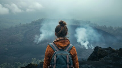 Traveling woman observing the Batur Volcano