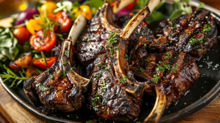 Wall Mural - Grilled lamb chops served with a fresh herb salad on a sleek black plate, an enticing BBQ dish perfect for food lovers