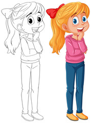 Wall Mural - Vector artwork of a girl, colored and line art versions.