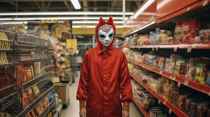 A terrible unrecognizable Criminal, a maniac with a mask on his face and in red clothes is standing in a grocery store. Halloween, underworld, Horror concepts.