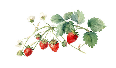 hand drawn illustration of strawberry with branches, strawberry vines plant isolated on white backgr