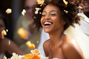 Wall Mural - Happy african american smiling bride with flower petals on wedding day