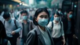 Fototapeta  - An Asian woman wearing a medical mask hurries to public transport amid a crowd of people during rush hour. Epidemic of a dangerous virus, Air pollution concepts.