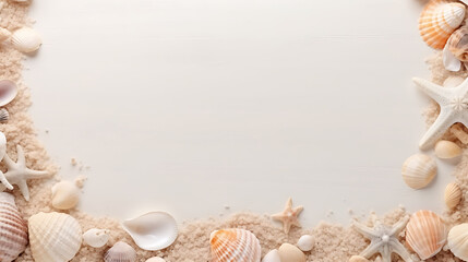 Beach sand border with seashells and starfish on a white background. Summer vacation and seaside concept with copy space for design and print.