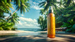 Beach Day Essentials: Sunscreen Bottles Against a Tropical Backdrop, Protection from the Suns Rays on Vacation