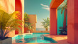 3D architecture design with geometric shapes and palm tree