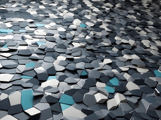 Wall Mural - contemporary geometric 3D mosaic graphics low poly template as an abstract backdrop for presentations and copy space banners with gray and blue design elements made of polygons, squares, and lines.