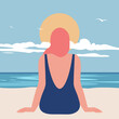 A curve redhead woman sits alone on a sandy beach, enjoying the view of the sea. View from the back. Summer vacation at southern resorts. Vector flat illustration