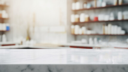 Aufkleber - An empty white marble countertop against the blurred background of a pharmacy. Copy space for the presentation of your products, cosmetics, Sports nutrition, Medicines, Vitamins, dietary supplements.