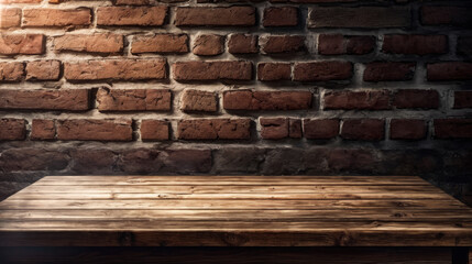 Poster - Brick wall is next to wooden bench.