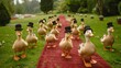 A group of ducks dressed in miniature bow ties and hats, waddling down a red carpet. Fairy tale illustration. 