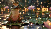 A Frog Wearing A Crown, Seated On A Lily Pad Throne Within A Magical Pond Setting. Fairy Tale Illustration. 