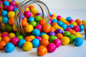 Wall Mural - Jar full of multicolored balls is sitting on table.