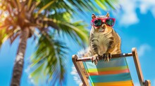 A Cheerful Squirrel Posing With Oversized Sunglasses, Perched Atop A Tiny, Colorful Beach Chair. Fairy Tale Image. Invitations To A Children's Party. 