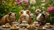 A trio of guinea pigs having a tea party, complete with tiny teacups and a miniature table set with treats. Fairy tale illustration. 