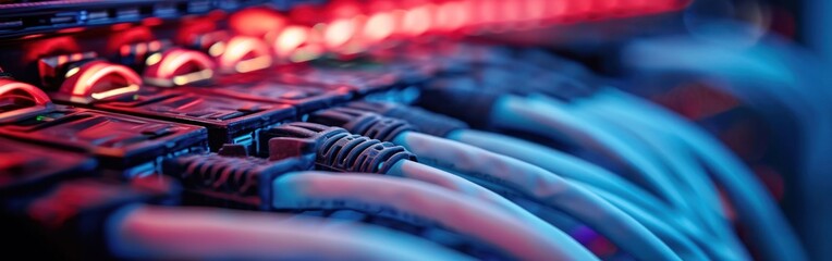 Poster - Fiber Optic cables connected to an optic ports in data center.