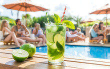 Refreshing Mojito With Fruit And Umbrella At Outdoor Entertainment Club