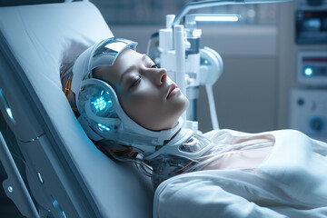 Wall Mural - A young woman lies on a hospital bed with an advanced modern helmet. The concept of future medicine, modern equipment that helps diagnose and treat diseases