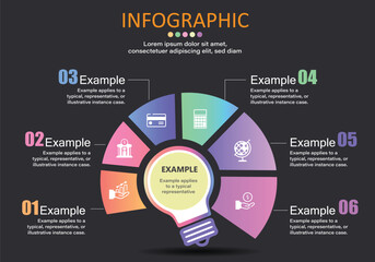 Fototapete - Vector infographic placed on a black gray background. There is a light in the center and a circular text box around 6 steps, 6 modern style ideas for presenting plans easily and more understandably.
