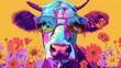 Cool hippie cow with sunglasses and funny eyes for the latest colorful rural farm fashion - flower power fashionista cartoon stylized art