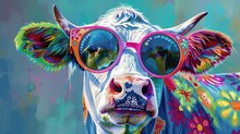 Cool Hippie Cow With Sunglasses And Funny Eyes For The Latest Colorful Rural Farm Fashion - Flower Power Fashionista Cartoon Stylized Art
