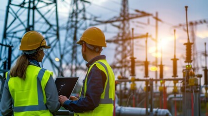 Two electrical engineers are using laptop computers standing at a power plant.