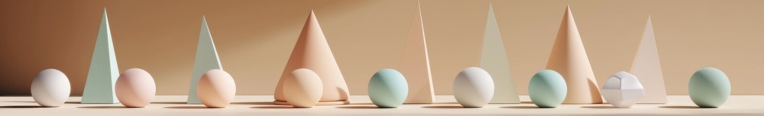Poster - A symmetrical pattern of pastel-colored spheres and cones on a beige background. The spheres have different textures and the cones have smooth surfaces. Banner.