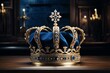 a gold crown with blue gems on a wooden surface