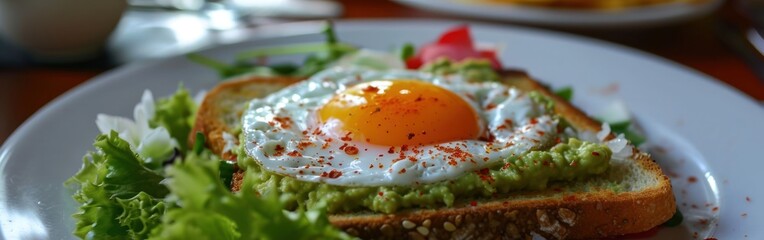 Wall Mural - Avocado toast with fried egg on white plate. Healthy breakfast. Banner.