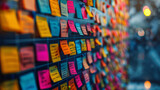 Fototapeta Do akwarium - Sticky Note Post It Board Office. Business people meeting at office and use post it notes to share idea. Brainstorming concept. Sticky note on glass wall or blackboard. Set of colorful blank notes.